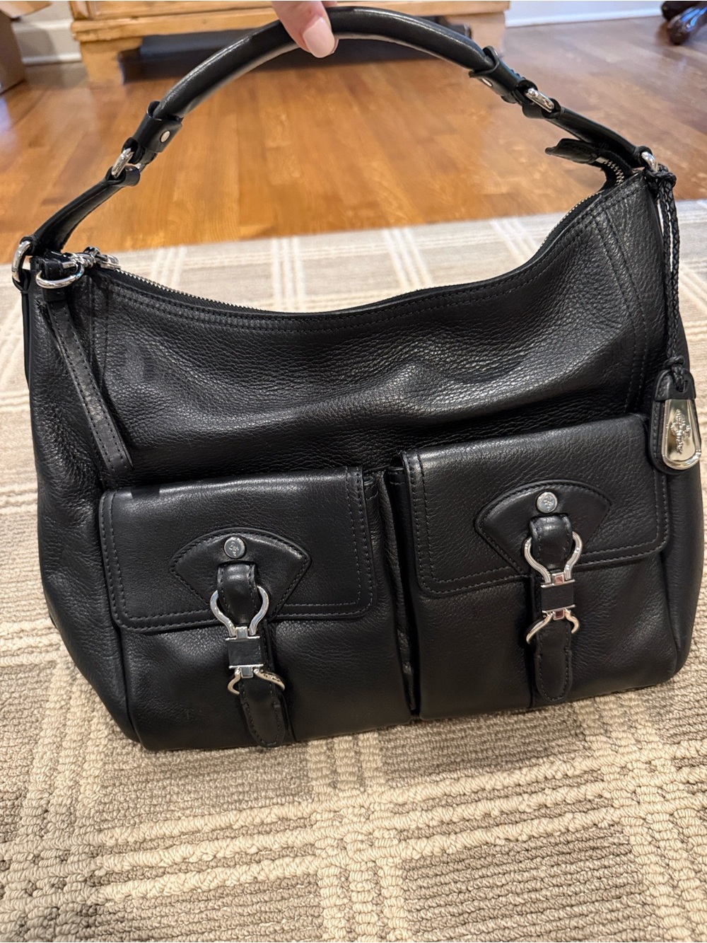 Cole Haan Black Leather Shoulder Bag with Dual Buckle Front Pockets